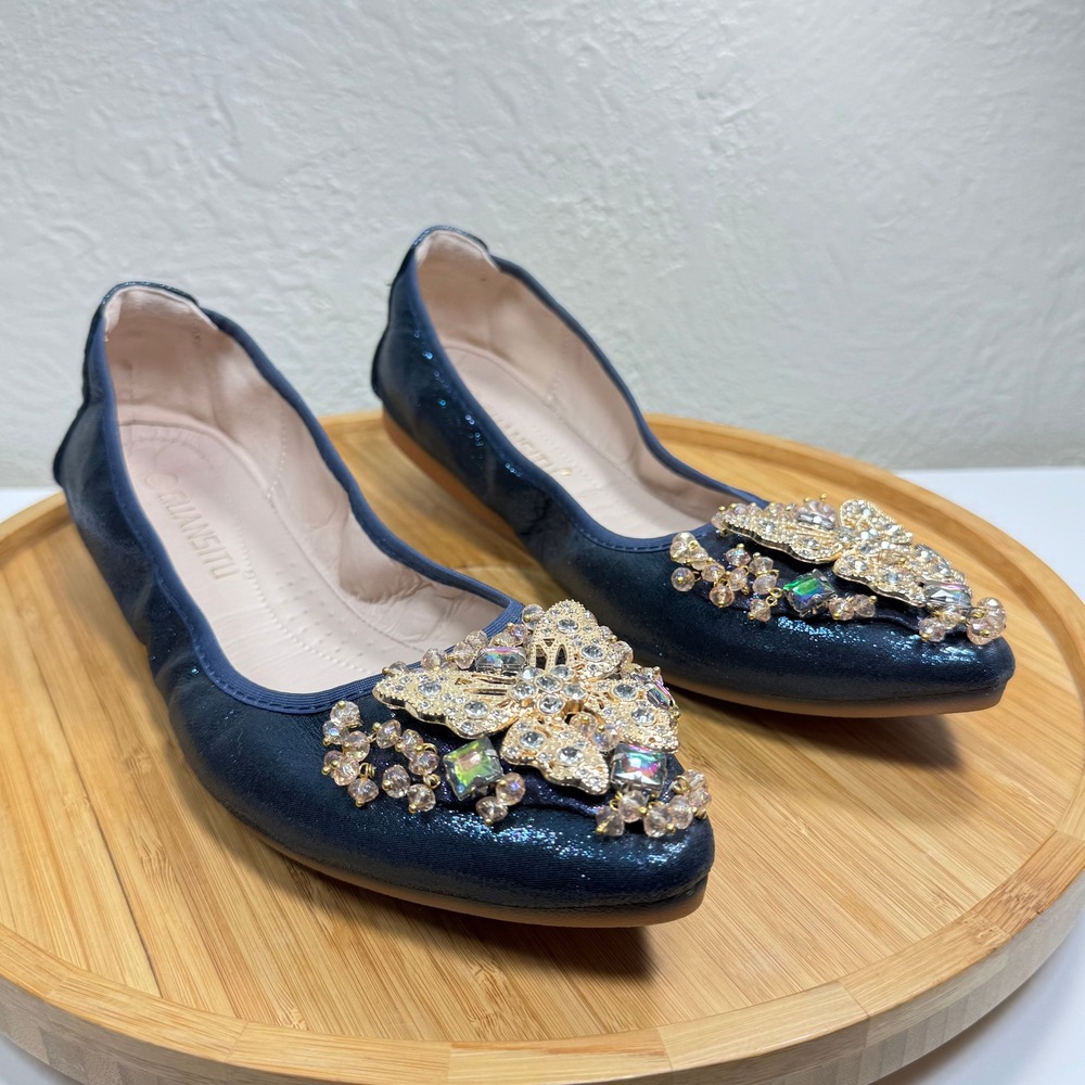 Embellished Navy Flats with Crystal Butterfly Accent